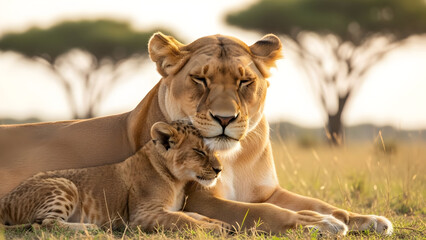 Obraz premium A mother lion and her cub resting together in the savannah under a clear sky.