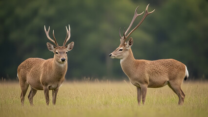 Obraz premium Two majestic deer with impressive antlers standing in a grassy field.