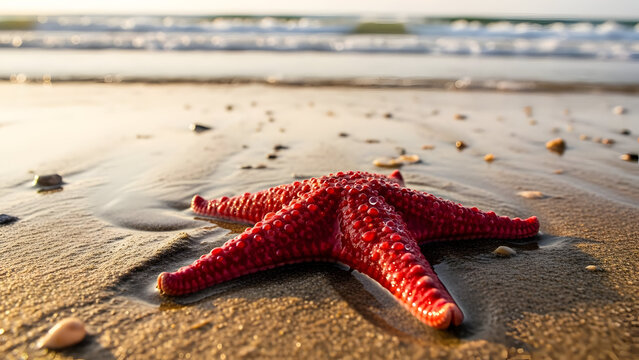 A vibrant red starfish resting on the sandy shore of a beach