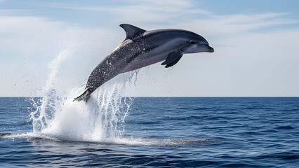 Fototapeta premium A pair of dolphins leaping out of the ocean with a splash of water