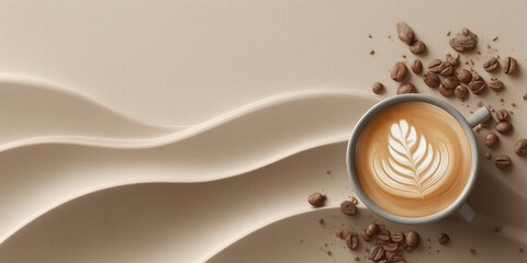 Latte art coffee cup on minimalist textured background