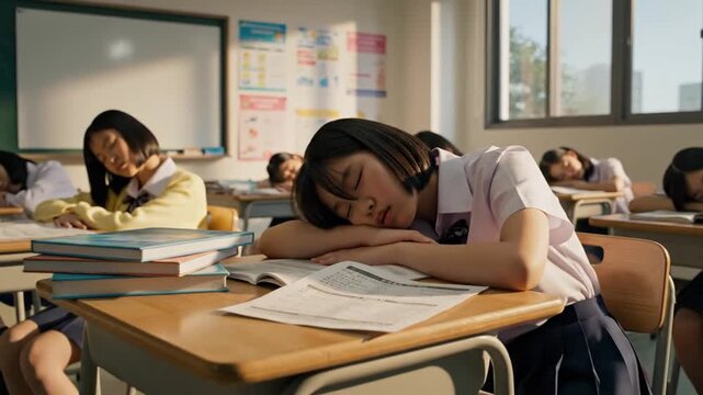 Tired young pupil napping at desk in classroom environment after challenging English test or educational assessment feeling exhausted from academic study and intense mental examination.