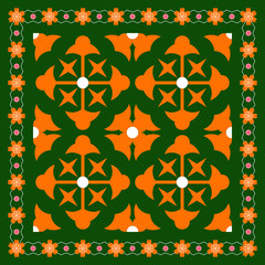 Geometric Floral Pattern In Orange White And Green Colors On White Background