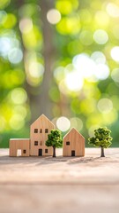 Miniature wooden houses with trees on a natural-lit, green bokeh backdrop