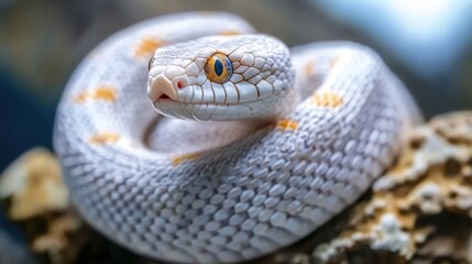 Obraz premium Close-up of a coiled white snake with orange markings on its scales and bright orange eyes.