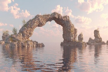 Fototapeta premium Stone archway over calm water, sunrise/sunset