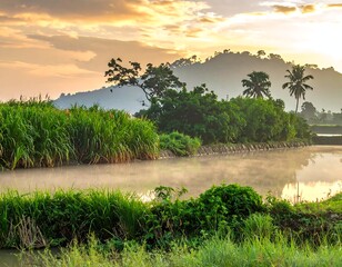 Misty lake reflects dawn's light, framed by lush greenery and hills
