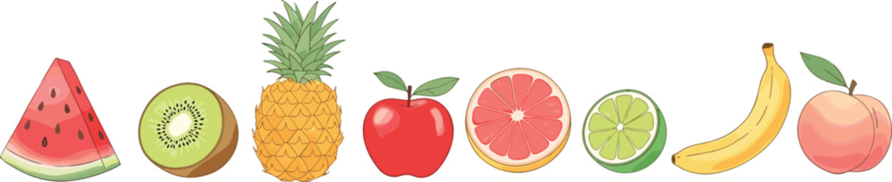 Colorful fresh fruit collection illustration featuring watermelon kiwi pineapple apple citrus banana and peach isolated vector set