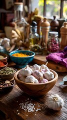 Fototapeta premium Garlic bulbs in wooden bowl with spices