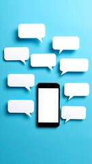 Mobile phone surrounded by empty speech bubbles on a blue surface