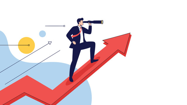 Ambitious businessman standing on a rising growth arrow uses a telescope to scout for future opportunities and long-term corporate success.