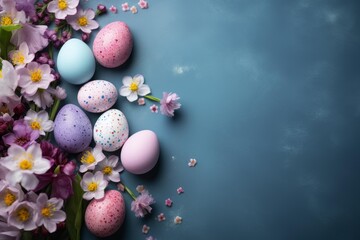 Obraz premium Easter eggs in pastel colors with blooming spring flowers on a blue textured background, creating a festive composition