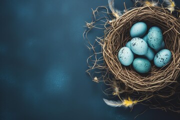 Obraz premium Bird nest holding a clutch of blue speckled eggs on a dark background