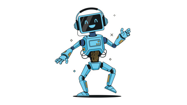 Cute blue robot with a digital screen face wearing headphones and dancing to music in a fun futuristic illustration.