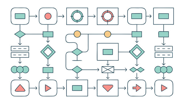 A complex flowchart diagram illustrating a multi-step process with various shapes and symbols