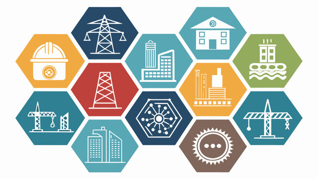 Collection of industrial icons representing various sectors and machinery in a hexagonal pattern from a direct viewpoint