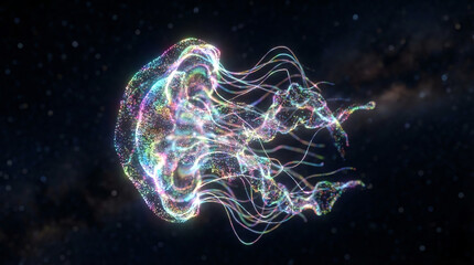 Glowing Digital Jellyfish Made of Particles - Mysterious Abstract Background Representing AI, Deep Sea, and Biotechnology