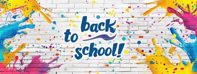 Colorful paint splashes on white brick wall background with text back to school concept of the first day at school or education.