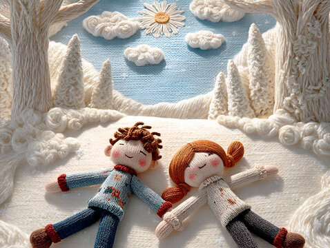 Two cozy knitted dolls, a boy and a girl, hold hands against a snowy backdrop, surrounded by knitted trees and clouds. Handmade, amigurumi style, winter fairytale theme.