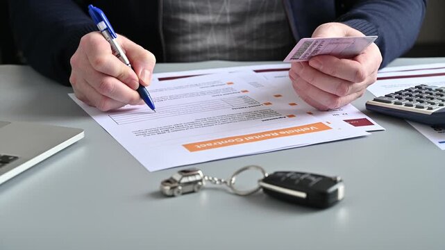 A man signing a document, concluding a lease agreement car. Business concept, car insurance, car sales and purchases, car financing.