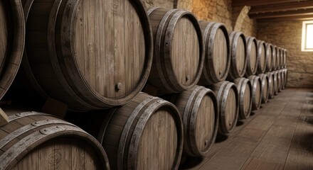 A Dimly Lit Winery Cellar With Rows Of Oak Barrels Stacked High illuminated by Sunlight Streaming Through A Window