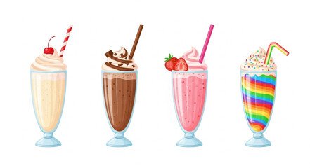 Four delicious milkshakes in tall glasses with straws and toppings.