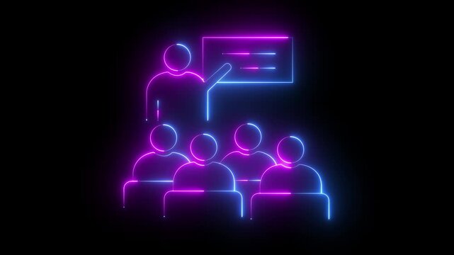 glowing neon Training icon isolated on black background. Class Icon illustration of teaching and learning in a classroom setting. presentation icon illustrating a lecturer addressing student. 