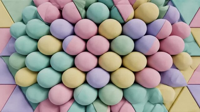 Pastel candy eggs arranged in a pyramid on colorful geometric background, playful springtime mood for Easter celebration, ideal for holiday banners, packaging, and social media