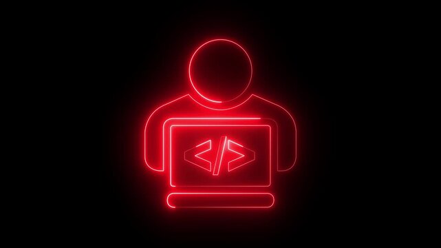 glowing neon programmer icon animation on black background. representing programming user coding or software development. 4k video animation.