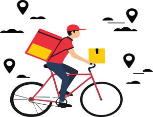 Food Delivery Courier Riding Bicycle with Backpack and Location Pins Online Delivery Service Concept Illustration