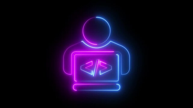 glowing neon programmer icon animation on black background. representing programming user coding or software development. 4k video animation.