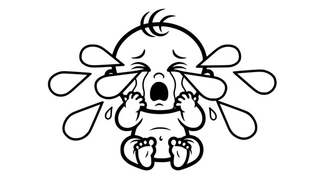 Crying baby cartoon character with tears on face and hands on cheeks isolated on transparent background