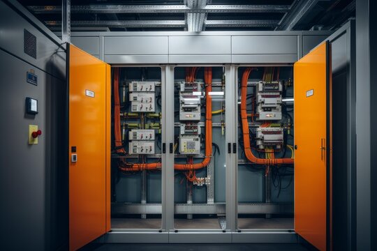 Industrial electrical cabinet featuring wires, circuit breakers, and power connection infrastructure