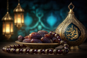 Obraz premium Traditional Ramadan bowl filled with dates and pistachios beside ornate stained glass window, spiritual Islamic celebration concept symbolizing hospitality, faith, blessings and devotion
