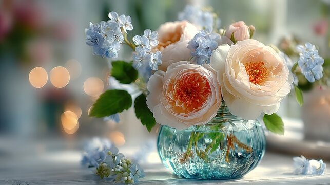 Elegant Roses and Blue Flowers in Glass Vase, Soft Romantic Light