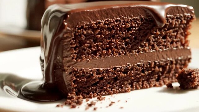Decadent slice of rich dark chocolate layer cake with smooth glossy ganache topping
