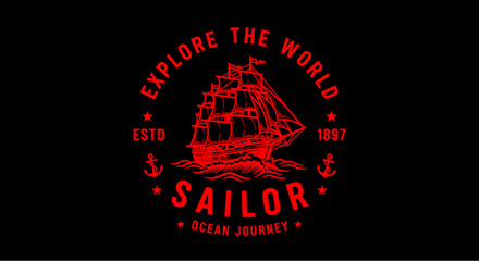 Vintage circular emblem featuring a detailed illustration of a sailing ship with the text "EXPLORE THE WORLD" and "SAILOR OCEAN JOURNEY" on a red background. © morph