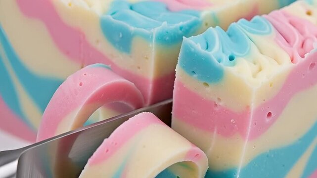 Satisfying soap cutting of colorful swirl pattern, ASMR soap carving