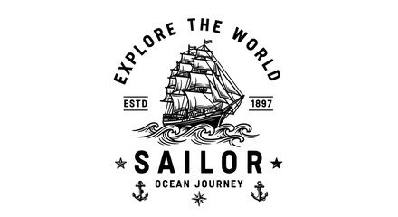 Vintage illustration of a majestic sailing ship with the words "Sailor Ocean Journey" and "Explore the World" on a deep blue background. © morph
