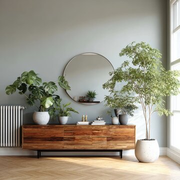 Modern Interior with Wooden Cabinet, Plants, and Round Mirror on Gray Wall