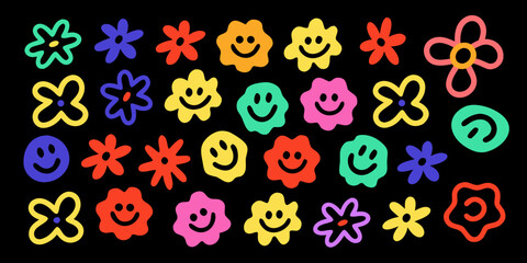 Colorful doodle style flowers and smiling faces on a black background