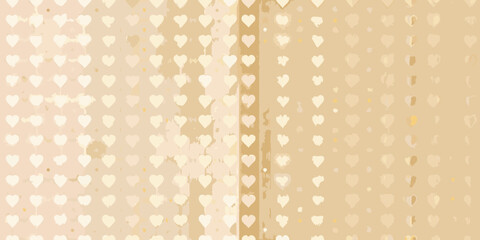 Pale peach background with a dense pattern of white hearts and gold flecks