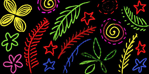 Colorful chalk like drawings of flowers leaves and stars on black background