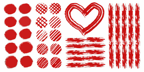 Red brushstroke patterns circles lines and a heart shape