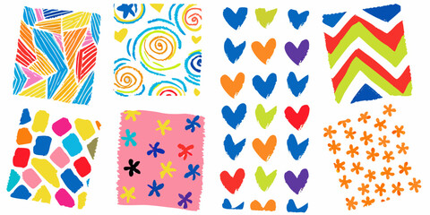 Colorful abstract patterns arranged in a grid on a white background