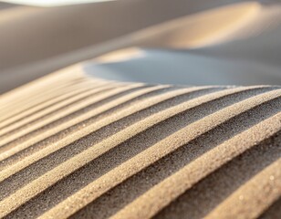 Macro photograph of rhythmic sand ripples on a desert dune, featuring golden sunlight, deep textures, and a soft bokeh background