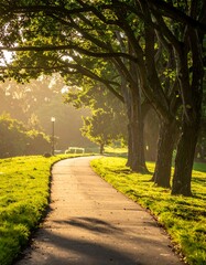 Obraz premium A serene park pathway lined with lush green trees and grass