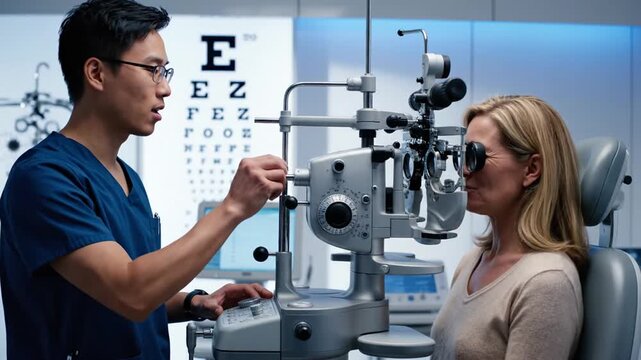 Professional male optometrist conducting comprehensive eye examination using phoropter for adult patient to determine visual prescription in modern ophthalmology clinic facility.