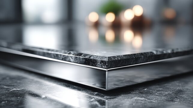 Elegant Dark Marble Countertop with Chrome Trim in Soft Lighting