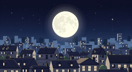Cartoon night city with moon